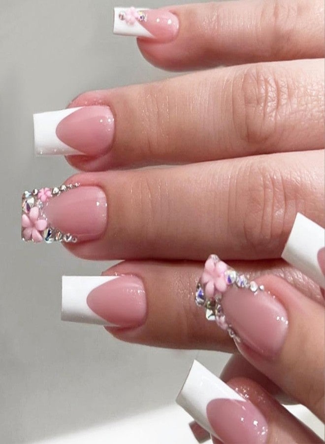 Foccna Press on Nails Pink French Fake Nails Medium Rhinestone Square Bling White Nails Glossy False Nail Tips Artificial Nails Luxury Finger Manicure for Women and Girls,24pcs (Square Nails 3) - Image 1